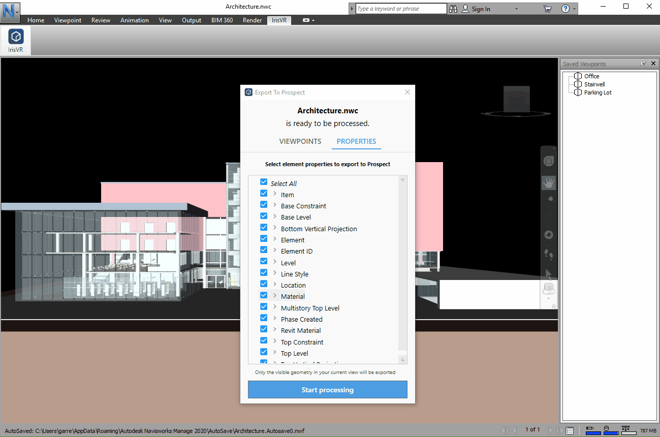 Navisworks Metadata Selection for VR